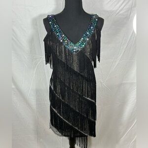 Kayamiya Black Silver Flapper Dress Size Small.Beaded and Sequins Gown.